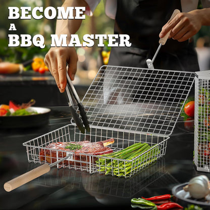 Grill Basket Set, Removable Wooden Handle, 304 Stainless Steel, Rolling BBQ Tools, Smoker Grilling Accessories for Vegetable Fish, Outdoor Cooking Camping, Birthday Gifts for Men Dad Husband