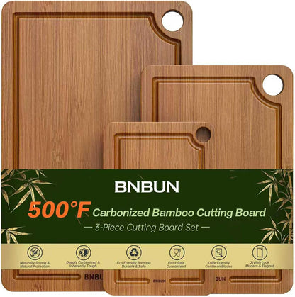Bamboo Cutting Board for Kitchen, 3-Piece Set with Juice Grooves, Side Handles & Non-Slip Mats – Durable Bamboo Chopping Board for Meat, Vegetables and Fruits