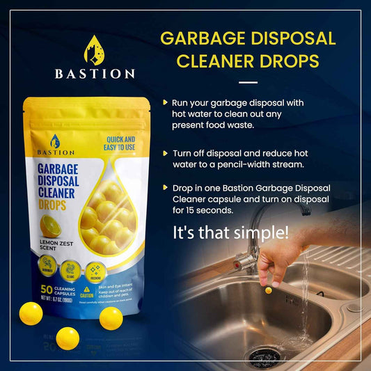 Bastion Garbage Disposal Cleaner and Deodorizer Drops- [[50-Count]] Lemon Zest Scented Kitchen Sink Freshener Pods & Drain Odor Eliminator Disposer Care Balls