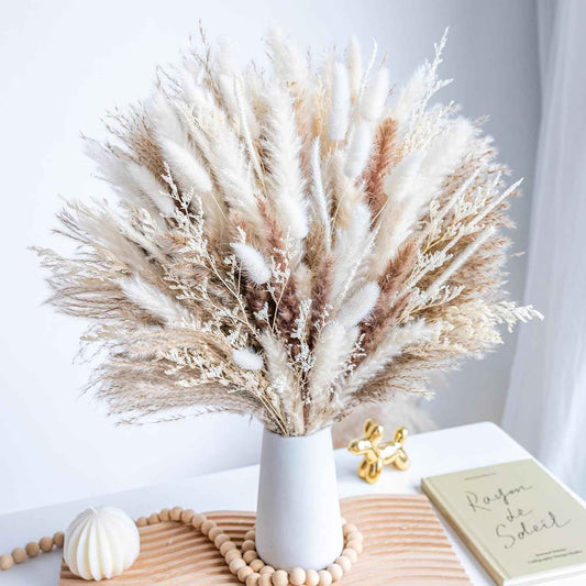 96PCS Natural Dried Pampas Grass Boho Home Decor Bouquet Phragmites Dried Flowers Bouquet for Wedding Floral Arrangements Home Decorations (96PCS)