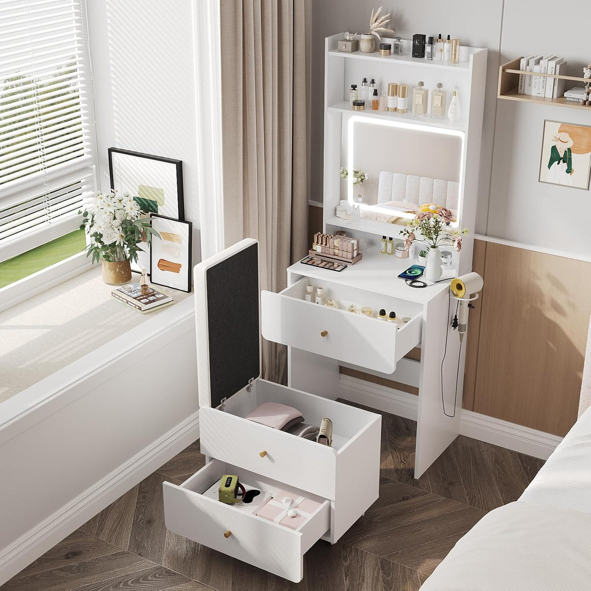 Vabches Make Up Vanity Desk with Mirror and Lights, White Vanity Table Set with Charger Station,Girls Small Vanity and Storage Chair