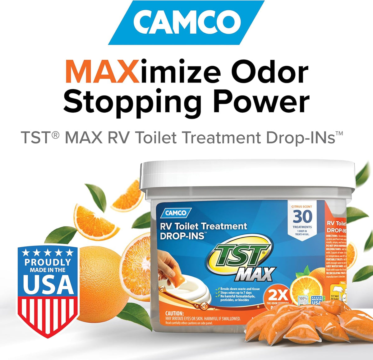 Camco TST MAX RV Toilet Treatment Drop-INs - Control Unwanted Odors & Break Down Waste and Tissue - Safe Septic Tank Treatment - Orange Scent, 30-Pack (41183)