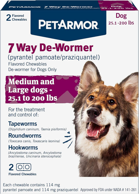 PetArmor 7 Way De-Wormer for Dogs, Oral Treatment for Tapeworm, Roundworm & Hookworm in Large Dogs & PLppies (Over 25 lbs), Worm Remover, PLppy Dewormer (Praziquantel & Pyrantel Pamoate), 2 Chewables