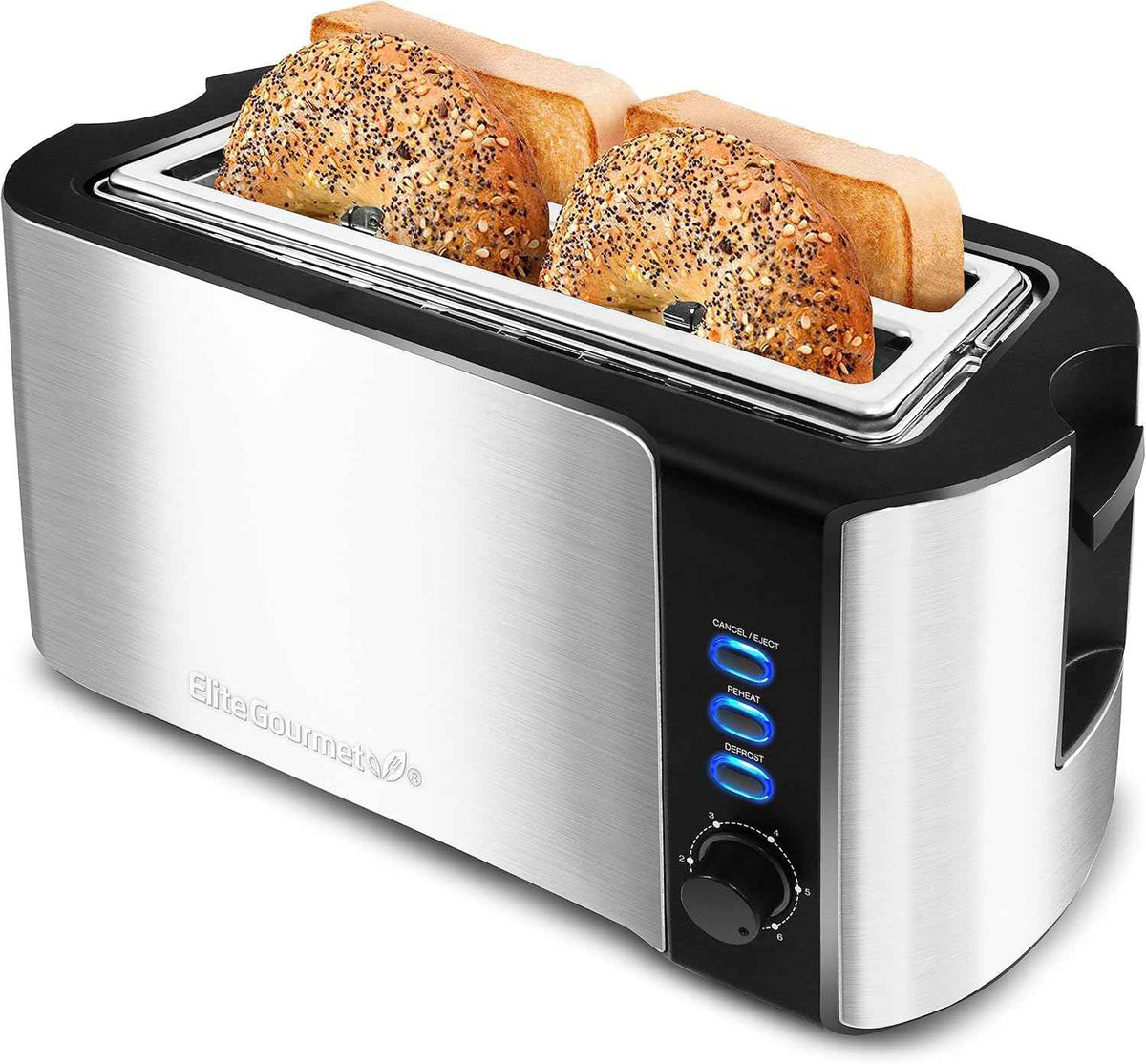 Elite Gourmet ECT1027G Cool-Touch 2 Slice Toaster, 6 Toast Settings & Cancel Function, Extra Wide 1.25” Slots Easily Fits Breads, English Muffins, Bagels & Waffles, Gunmetal Gray
