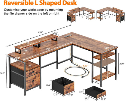 Furologee 66” L Shaped Desk with Power Outlet, Reversible Computer Gaming Desk with File Drawer & 2 Monitor Stands for Home Office with Storage Shelves, Rustic Brown