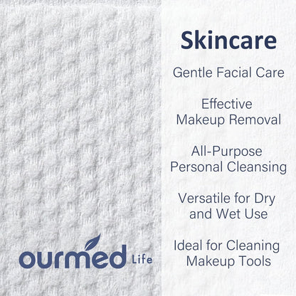Ourmed Life Face Towels, Disposable Biodegradable Clean Facial Towels for Sensitive Skin, Lint- free Face Cloths for Makeup Remover, Skincare and Women Cleaning, Dry Wipes,100 Count Dot Texture