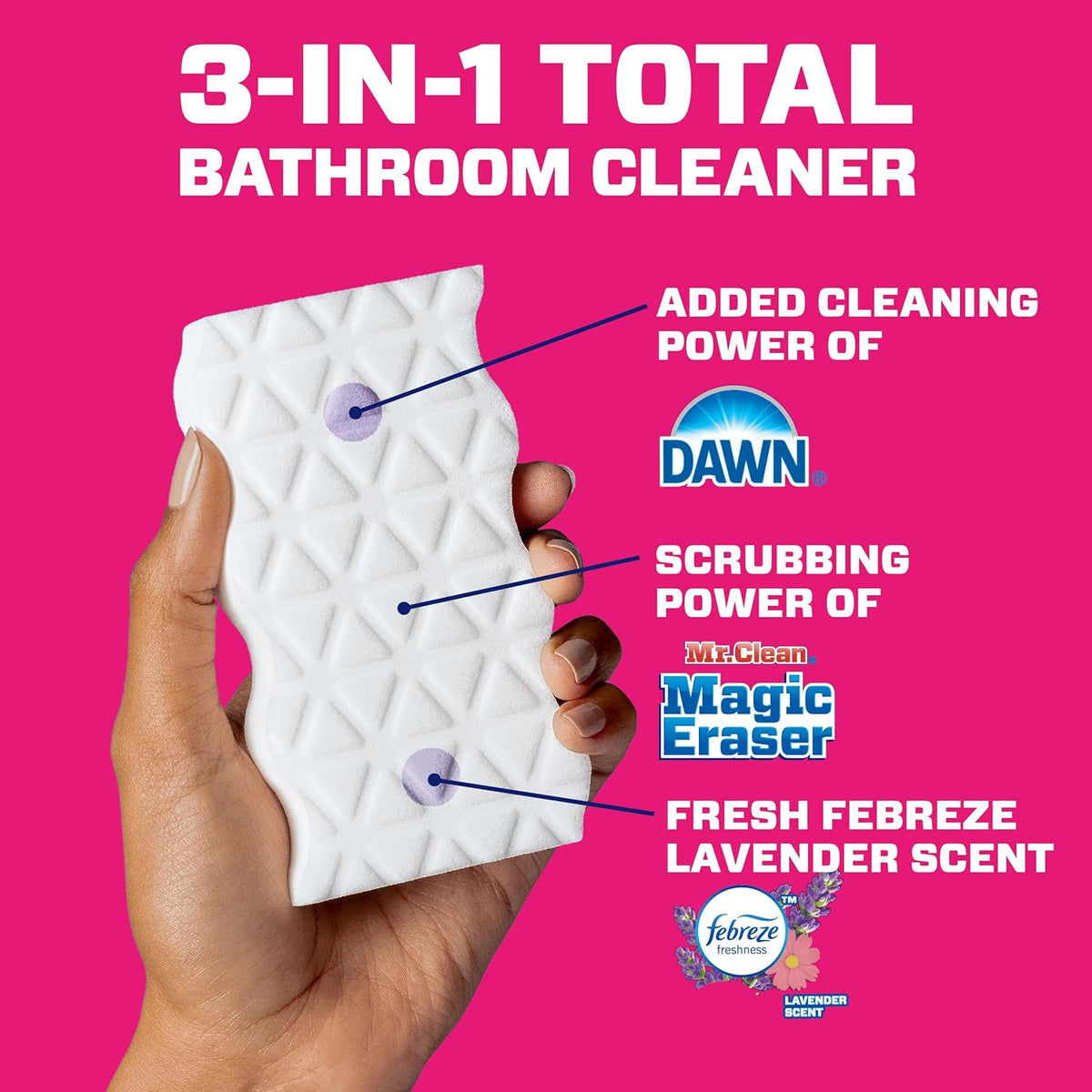 Mr. Clean Magic Eraser Sponge, Bathroom Cleaner, Shower Cleaner, Tub Cleaner, Soap Scum Remover, Bathroom Cleaning Supplies, Dawn Cleaning Power with Febreze Lavender Scent, Ultra Bath, 5ct