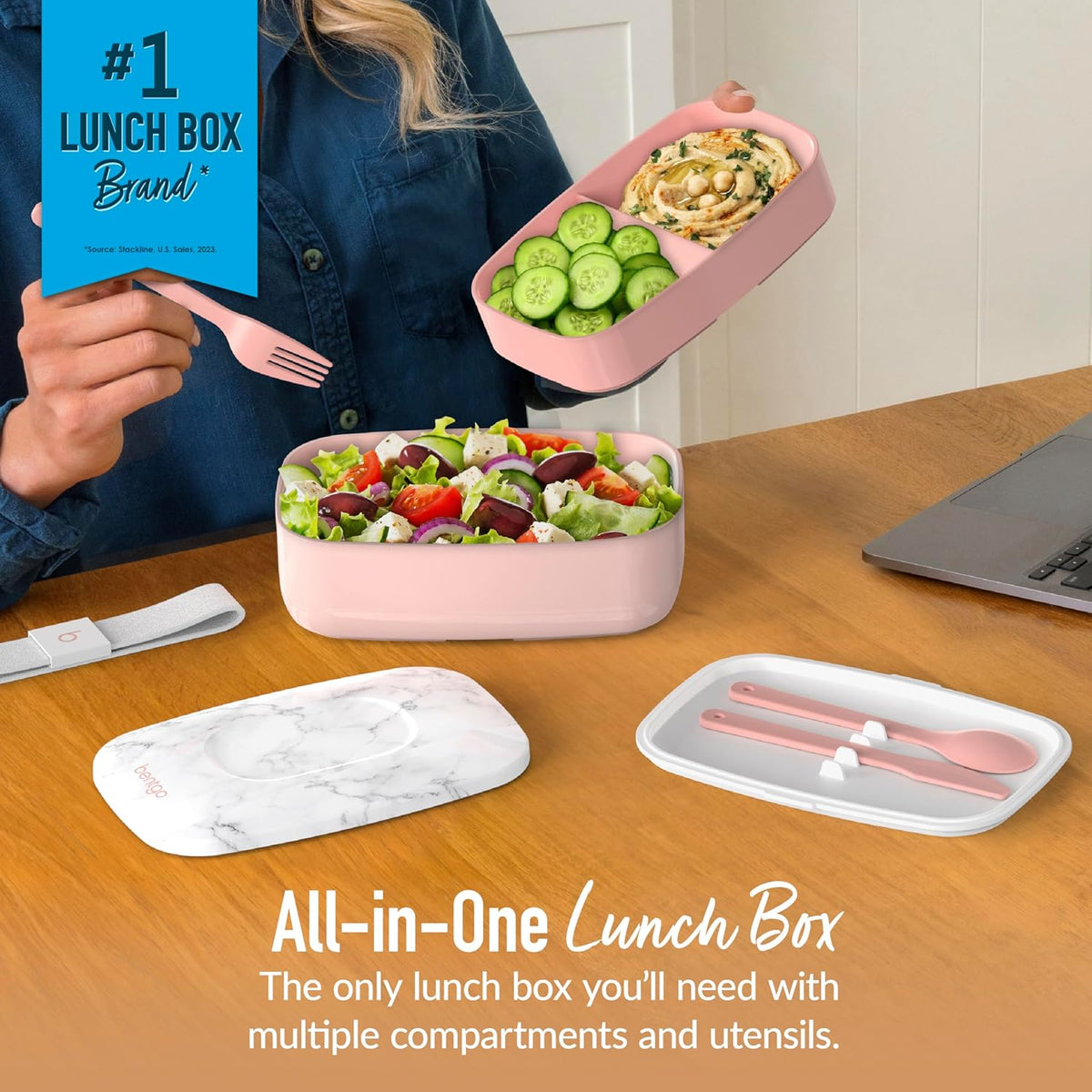 Bentgo Classic - Adult Bento Box, Stackable 3-Compartment Lunch Box with Removable Utensil Set and Sealing Strap, BPA-Free, Food Container Ideal for Meal Prep, Work, and On the Go (Blush Marble)