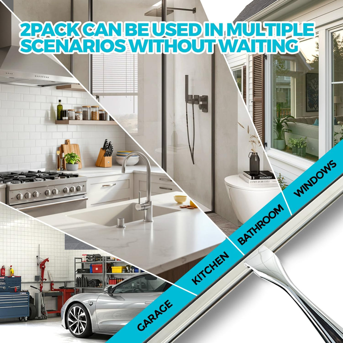 2PACK Shower Squeegee for Glass Doors, Squeegee for Shower Glass，All-Purpose Tile Walls, Bathroom, Window, Glass and Car Windshield, Mirrors and Kitchen-Stainless Steel, 10 Inches, Silver