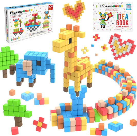 PicassoTiles 108pcs 1” Magnetic Puzzle Cubes Magnet Toys Preschool Construction Building Block Set Sensory Toy Early Education STEM Learning Come with Ideabook for Children Age 3+ Boy Girl PMC108