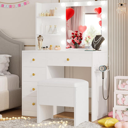 IRONCK Vanity Desk with Mirror and Lights, Small Makeup Vanity Table with 5 Drawers, Power Outlet, and Vanity Stool, 3 Lighting Colors, Dressing Table for Women Girls Bedroom, White