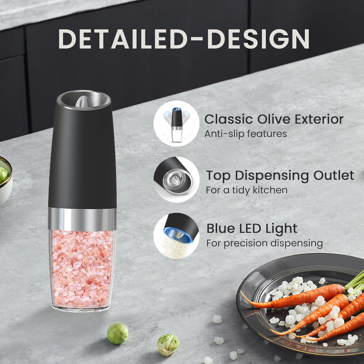 Battery Operated Salt And Pepper Grinder Set with LED Light, Automatic Electric Gravity Salt And Pepper Shakers Set, Each 6 AAA Batteries Needed, Adjustable Roughness, 2 Pack (Black)