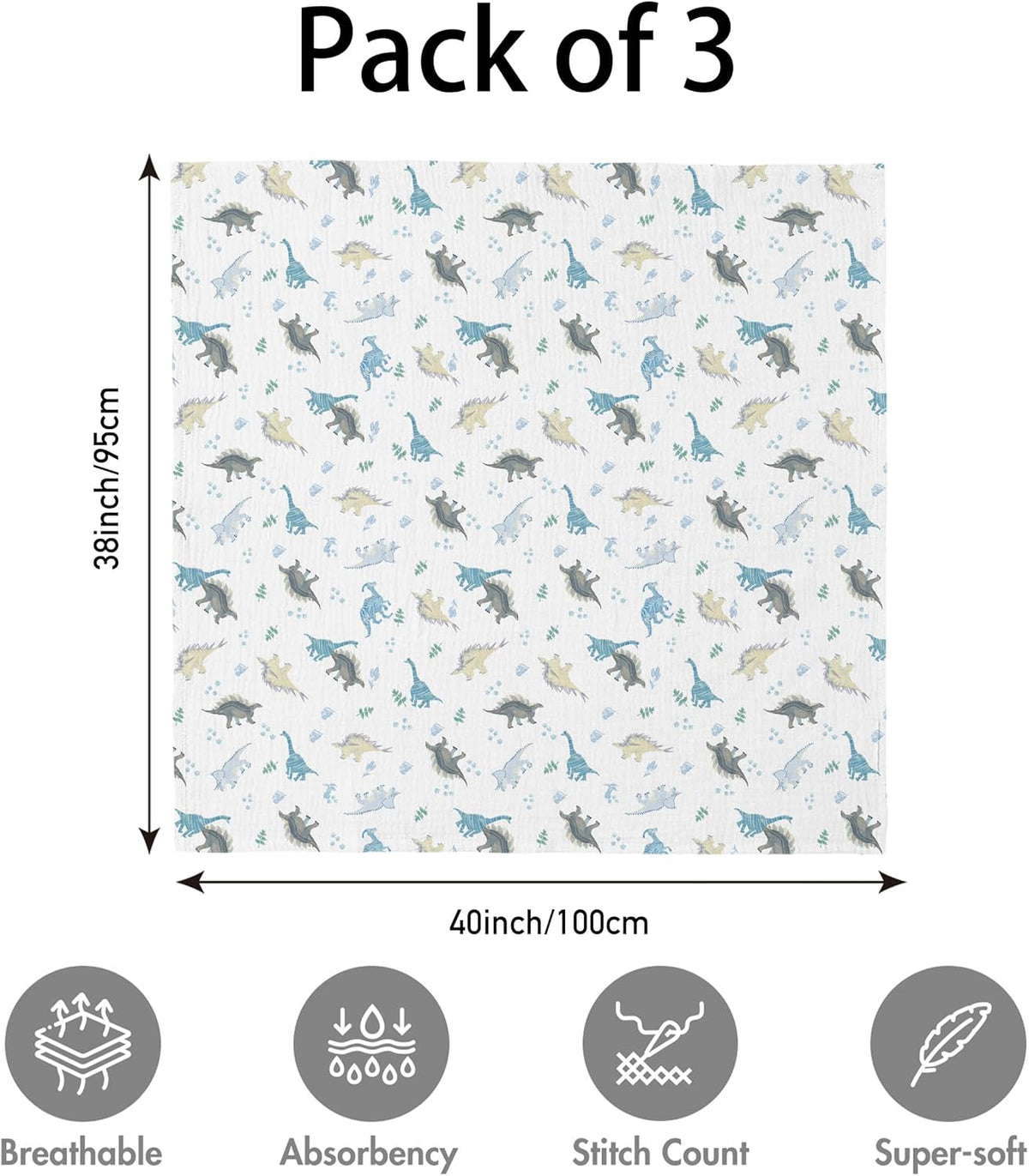 Muslin Swaddle Blankets for Newborn, 3 Pack Breathable Soft Receiving Blanket, Large 38 x 40 inches Swaddle Wrap Burping Clothes Diapers, Essentials Infant Shower Items, Toddler Gift (Blue Dinosaur)