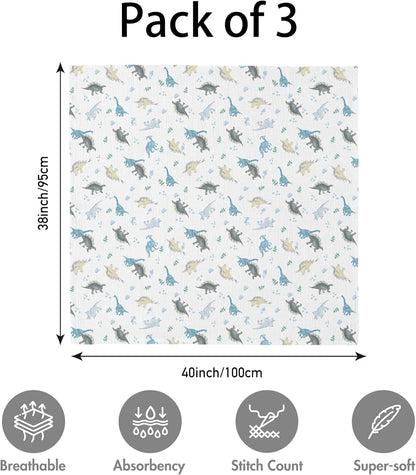 Muslin Swaddle Blankets for Newborn, 3 Pack Breathable Soft Receiving Blanket, Large 38 x 40 inches Swaddle Wrap Burping Clothes Diapers, Essentials Infant Shower Items, Toddler Gift (Blue Dinosaur)