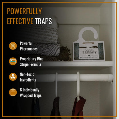 Dr. Killigan's Premium Double Potent Clothing Moth Traps with Pheromones Prime | Organic Clothes Moths Trap with Lure for Closets & Carpet | Case Making Moth Treatment & Prevention (6 Pack, White)
