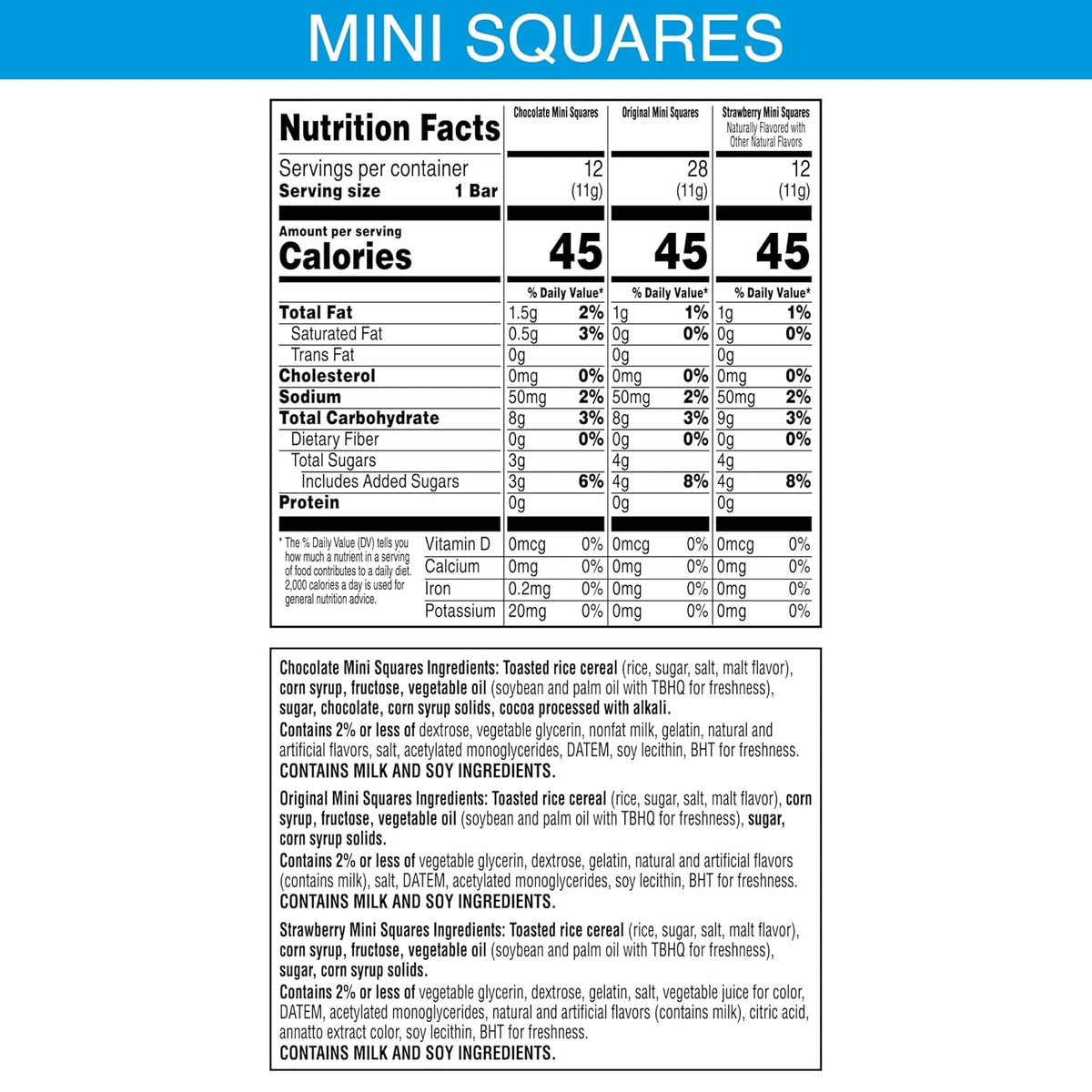 Kellogg's Rice Krispies Treats Mini Crispy Marshmallow Squares, Variety Pack, 20.1oz Box, 52 Bars, Chocolate, Original, Strawberry Flavors
