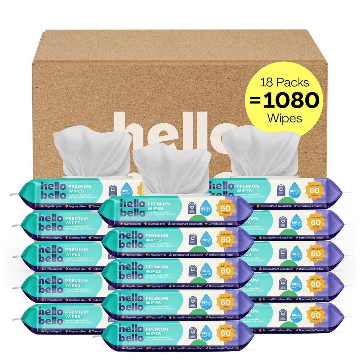 hello bello premium fragrance-free baby wipes with chamomile aloe extracts for sensitive skin, 12 resealable packs of 60ct each