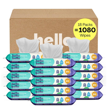 hello bello premium fragrance-free baby wipes with chamomile aloe extracts for sensitive skin, 12 resealable packs of 60ct each