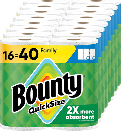 Bounty Paper Towels Quick Size, White, 16 Family Rolls = 40 Regular Rolls