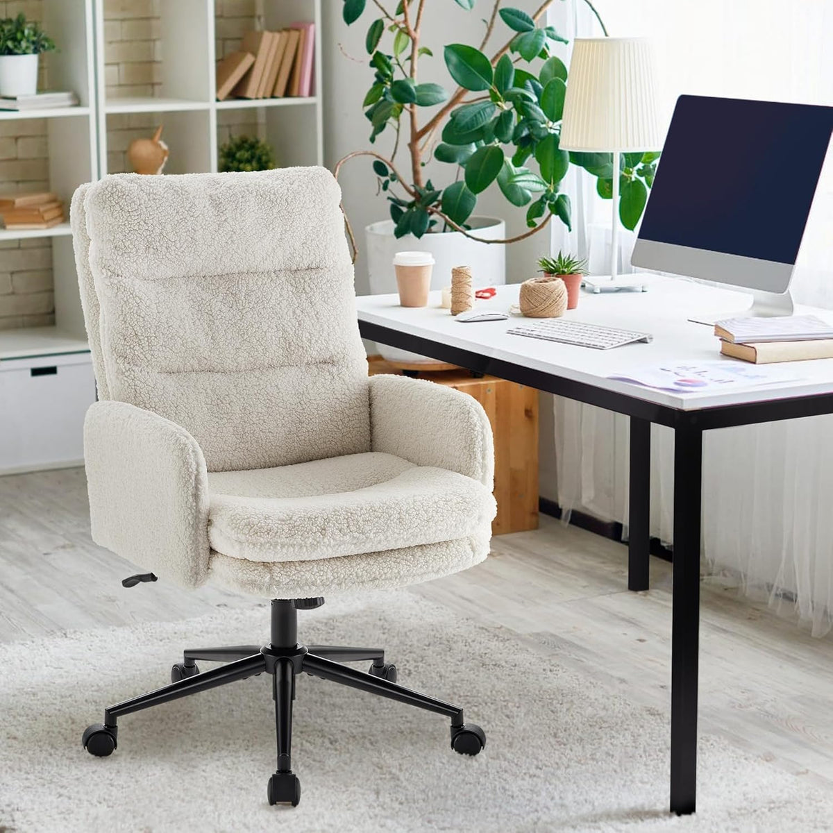 IWMH High-Back Home Office Chair,Upholstered Desk Chair with Armrests,Height Adjustable Armchair with Wheels, Swivel Office Desk Chair, Ergonomic Computer Task Chair, Leisure Armchair Cashmere(White)