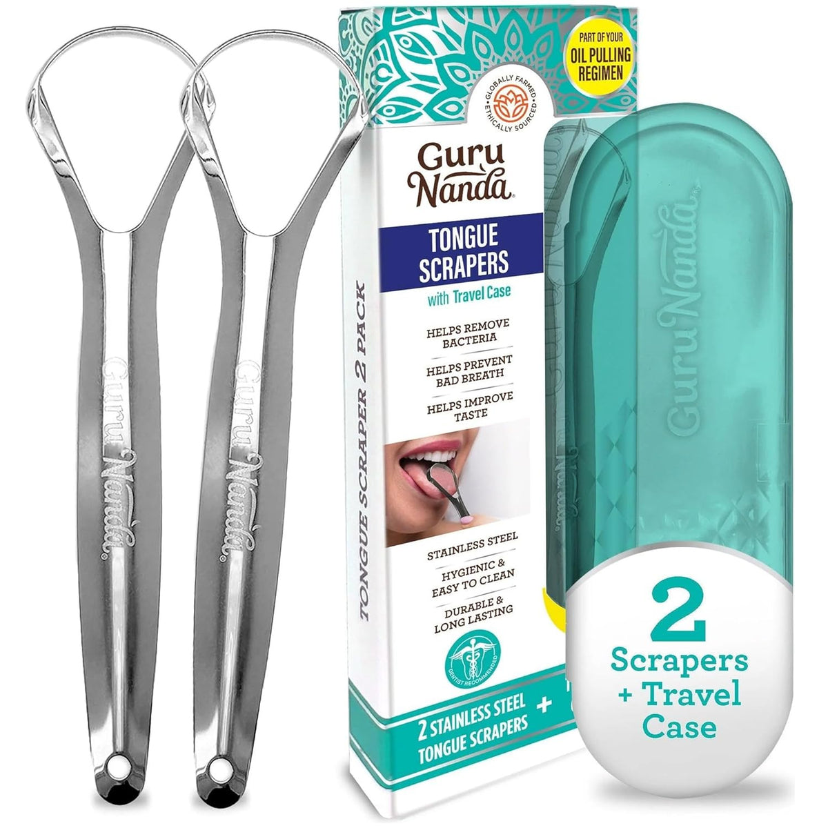 GuruNanda Tongue Scraper for Adults (2 Pack) with Travel Case, 420 Medical-Grade 100% Stainless Steel Tongue Cleaner, Aids in Fresh Breath & Oral Care