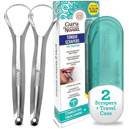 GuruNanda Tongue Scraper for Adults (2 Pack) with Travel Case, 420 Medical-Grade 100% Stainless Steel Tongue Cleaner, Aids in Fresh Breath & Oral Care