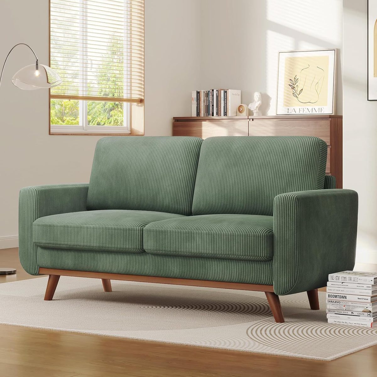 Vesgantti 68" Loveseat Sofa - Green, Comfy Corduroy with Spring Cushion, Solid Wood Frame, Modern Deep Seat, Bedroom & Living Room, Office Couch