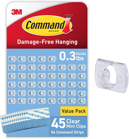 Command Indoor Mini Light Clips, 45 Clear Clips and 54 Command Strips, Damage Free Hanging Christmas Decorations, Wall Clips for Hanging Lights and Cable Management, Holds up to 0.3 lb