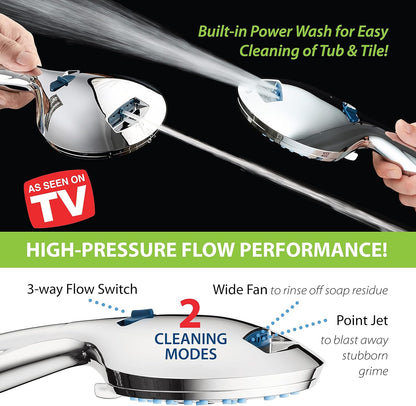 AquaCare High Pressure 8-mode Handheld Shower Head - Anti-clog Nozzles, Built-in Power Wash to Clean Tub, Tile & Pets, Extra Long 6 ft. Stainless Steel Hose, Wall & Overhead Brackets