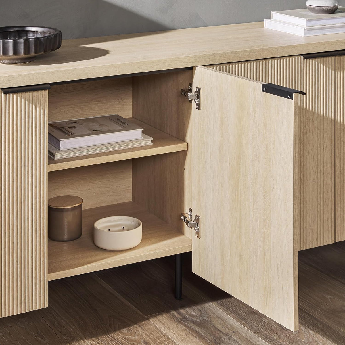 Walker Edison Reema Fluted 4-Door Kitchen Sideboard Buffet Console, 69 Inch, Coastal Oak