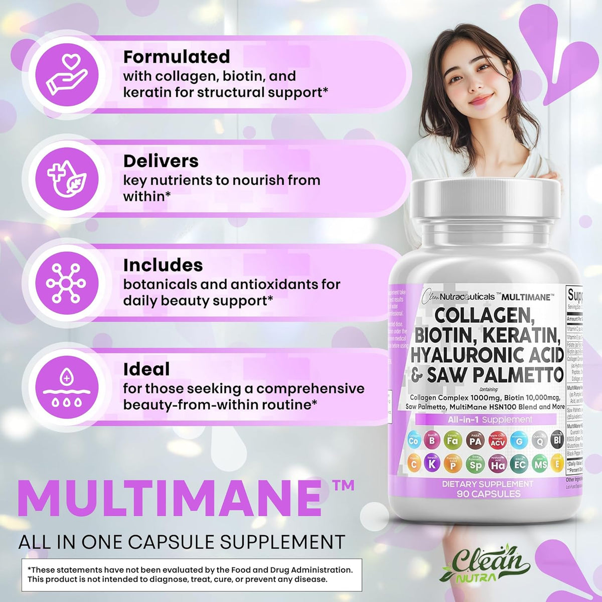 Clean Nutraceuticals Collagen Pills 1000mg Biotin 10000mcg Keratin Saw Palmetto Hyaluronic Acid - Hair Skin & Nails Vitamins & DHT Blocker with Vitamin E Folic Acid Pumpkin Seed MSM - 90 Count