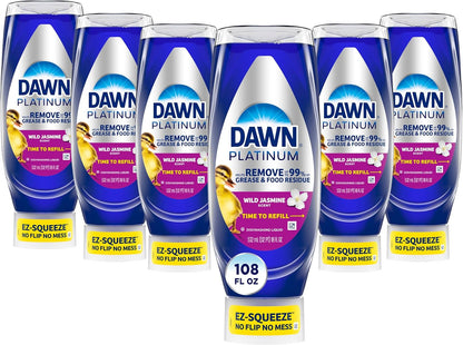 Dawn Platinum EZ-Squeeze Dish Soap Liquid, Dishwashing Liquid, Grease Removal, Upside Down Bottle, Wild Jasmine, 6x18 Fl Oz Bundle