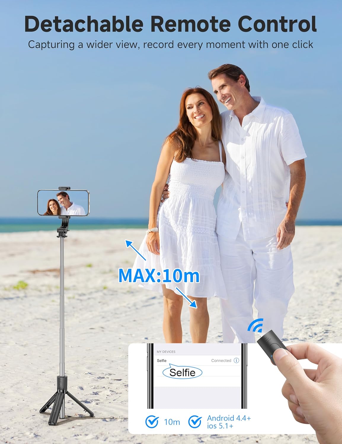 Portable Selfie Stick, 4 in 1 Extendable Phone Tripod Stand with Detachable Wireless Remote & Phone Holder 360° Rotating Mini Travel Tripod Compatible with iPhone 16/15/14/13 Pro/Android/Gopro