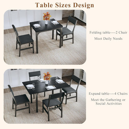 Dining Table Set for 4, Extendable Kitchen Table Cushion Chairs Set of 4, Rectangle Dining Table with Metal Frame & MDF Board, Folding for Small Apartment Saving Space, Black