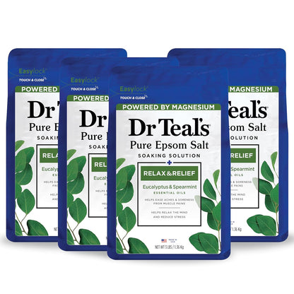 Dr Teal's Pure Epsom Salt, Relax & Relief with Eucalyptus and Spearmint, 3 lb (Pack of 4)