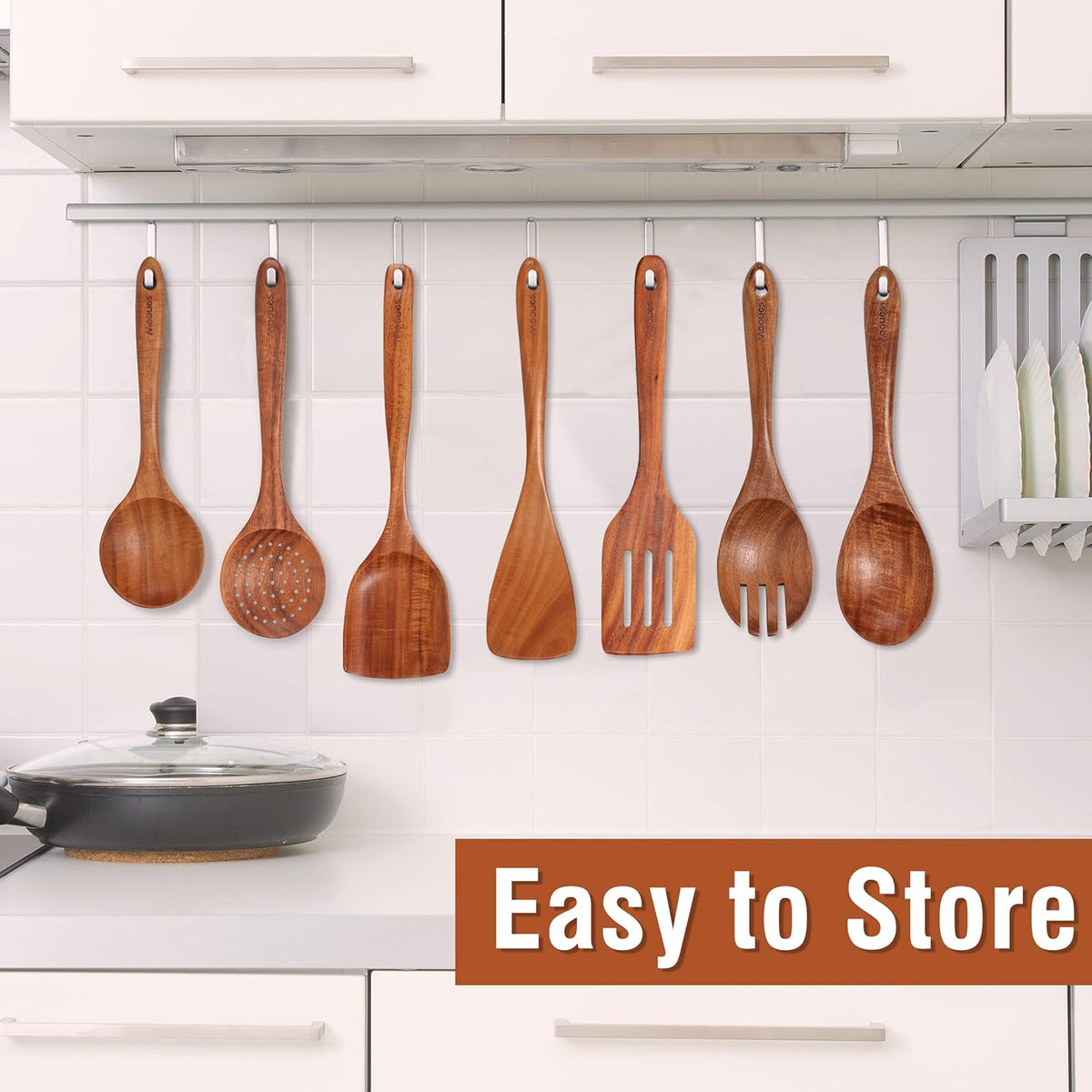 9 Piece Natural Teak Wooden Kitchen Utensil Set with Spoon Rest - Comfort Grip Cooking Spoons and Utensils Holder