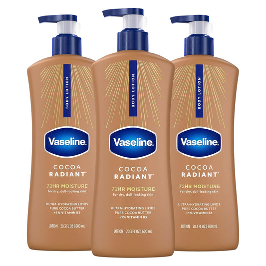 Vaseline Intensive Care Body Lotion Cocoa Radiant 3 count for Dry Skin Lotion Made with Ultra-Hydrating Lipids and PLre Cocoa Butter for a Long-Lasting, Radiant Glow 20.3 Oz