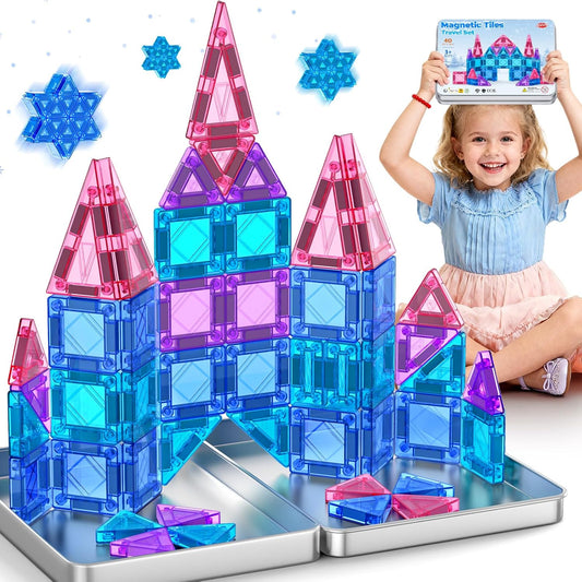 Mini Magnetic Tiles Travel Set 40PCS with Iron Box Princess Castle Pretend Girl Play Toys Age 3 4-5 6-8, Educational Portable Magnet Building Tiles Christmas Birthday Gifts for Toddlers Boys & Girls