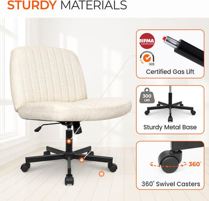 Orange Factory Criss Cross Chair Wheels Wide Cross Legged Office Desk Vanity Chair Comfy Fabric Armless Adjustable Swivel for Home Computer Task (Beige)