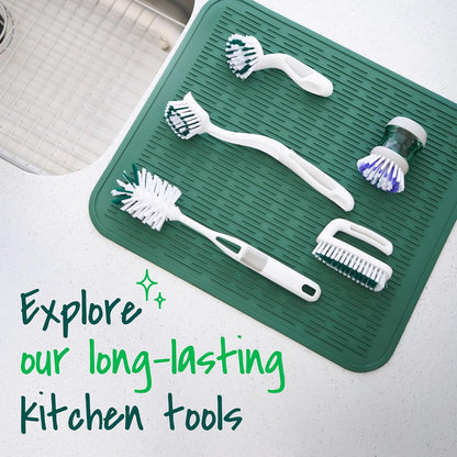 Scotch-Brite Pot + Pan Brush, Durable and Long Lasting Dish Brush with Handle for Scrubbing Stainless Steel, Outdoor Furniture, and Sinks without Scratching, Antimicrobial, and Rinses Clean