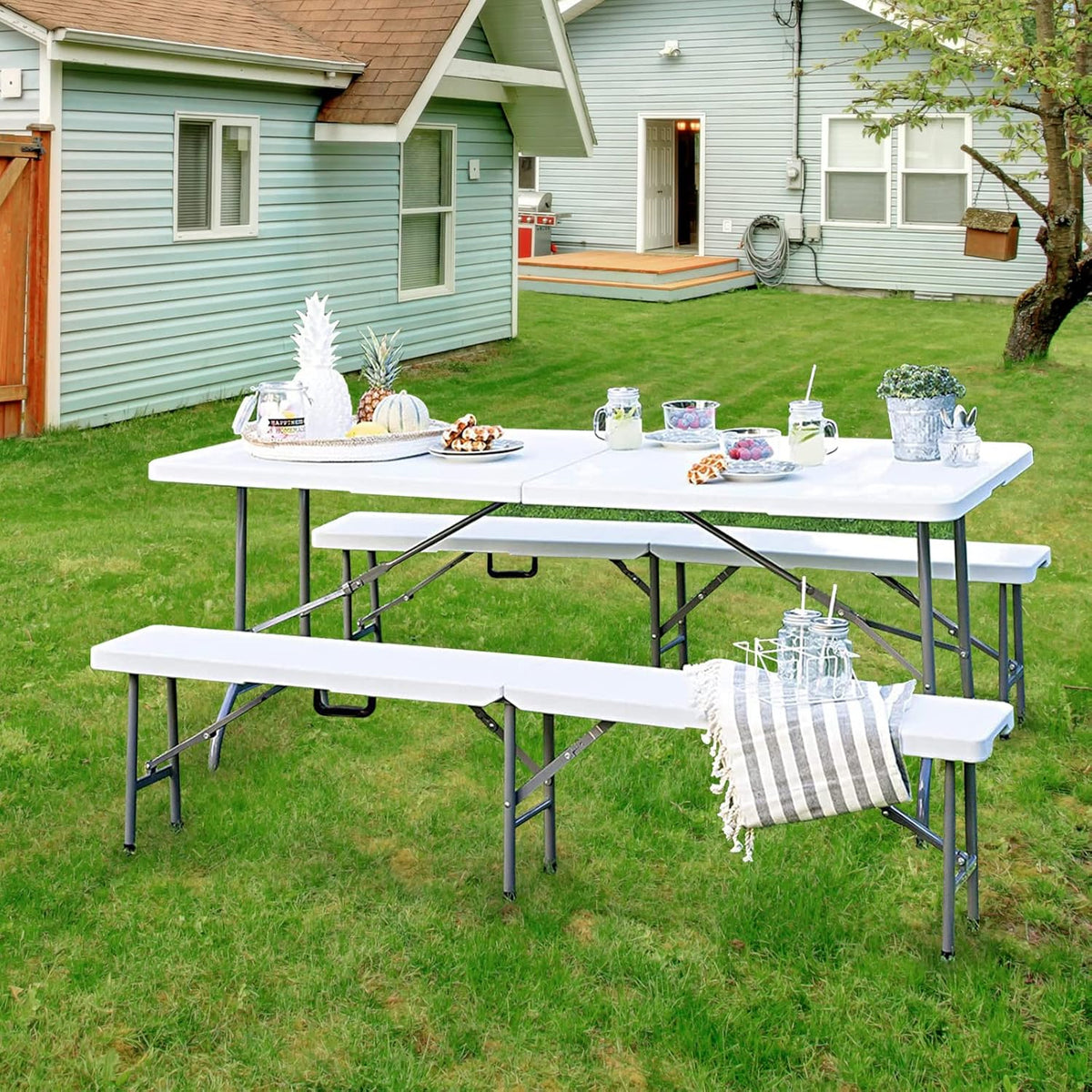 Folding Table 6ft Portable Heavy Duty Plastic Fold-in-Half Utility Foldable Table Plastic Dining Indoor Outdoor for Camping, Picnic and Party, White
