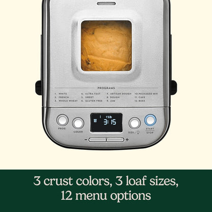 Cuisinart Bread Maker Machine, Stainless Steel Automatic Bread Machine with 12 Menu Options, 3 Loaf Sizes up to 2 Lb., 3 Crust Colors, Removable Nonstick Baking Pan & Kneading Paddle, CBK-110NAS