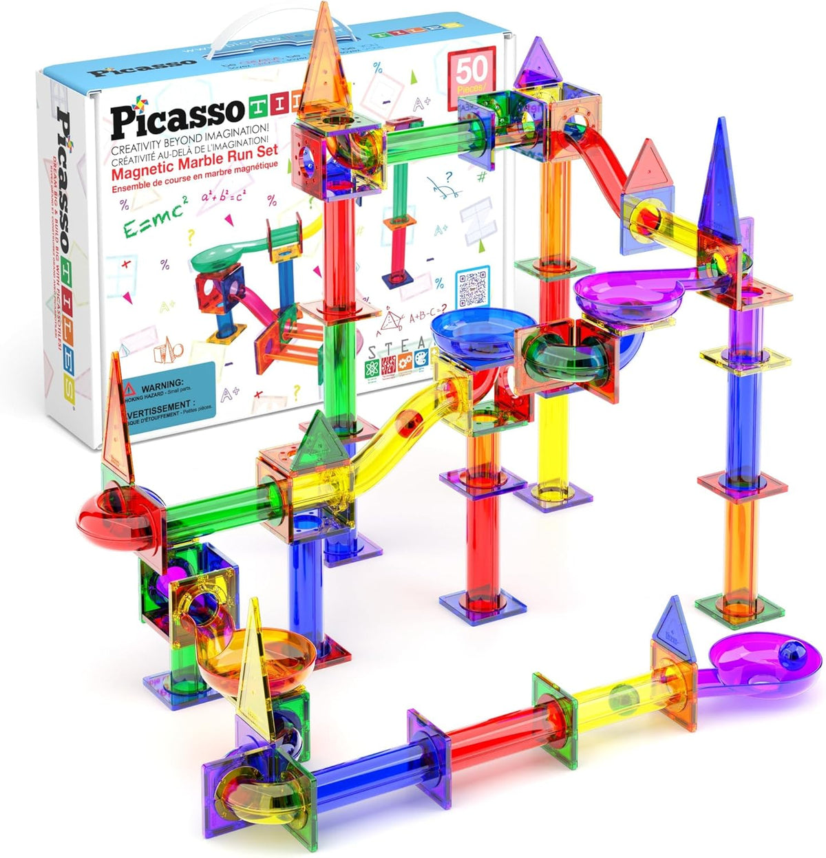 PicassoTiles 50pcs Magnetic Tiles Marble Run for Kids Race Track Toy Marble Maze Sensory Toys for Toddlers STEM Educational Set Magnet Building Blocks Construction Building Tiles Boys Girls 3+ PTG50