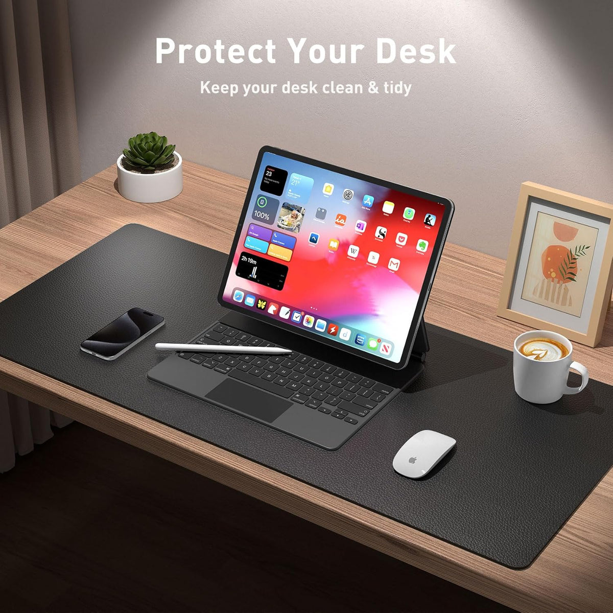 Aothia Non-Slip Waterproof PL Leather Desk Pad Protector for Mouse, Writing Desk, Office, Home, Laptop Blotter, 23.6" x 13.7", Black