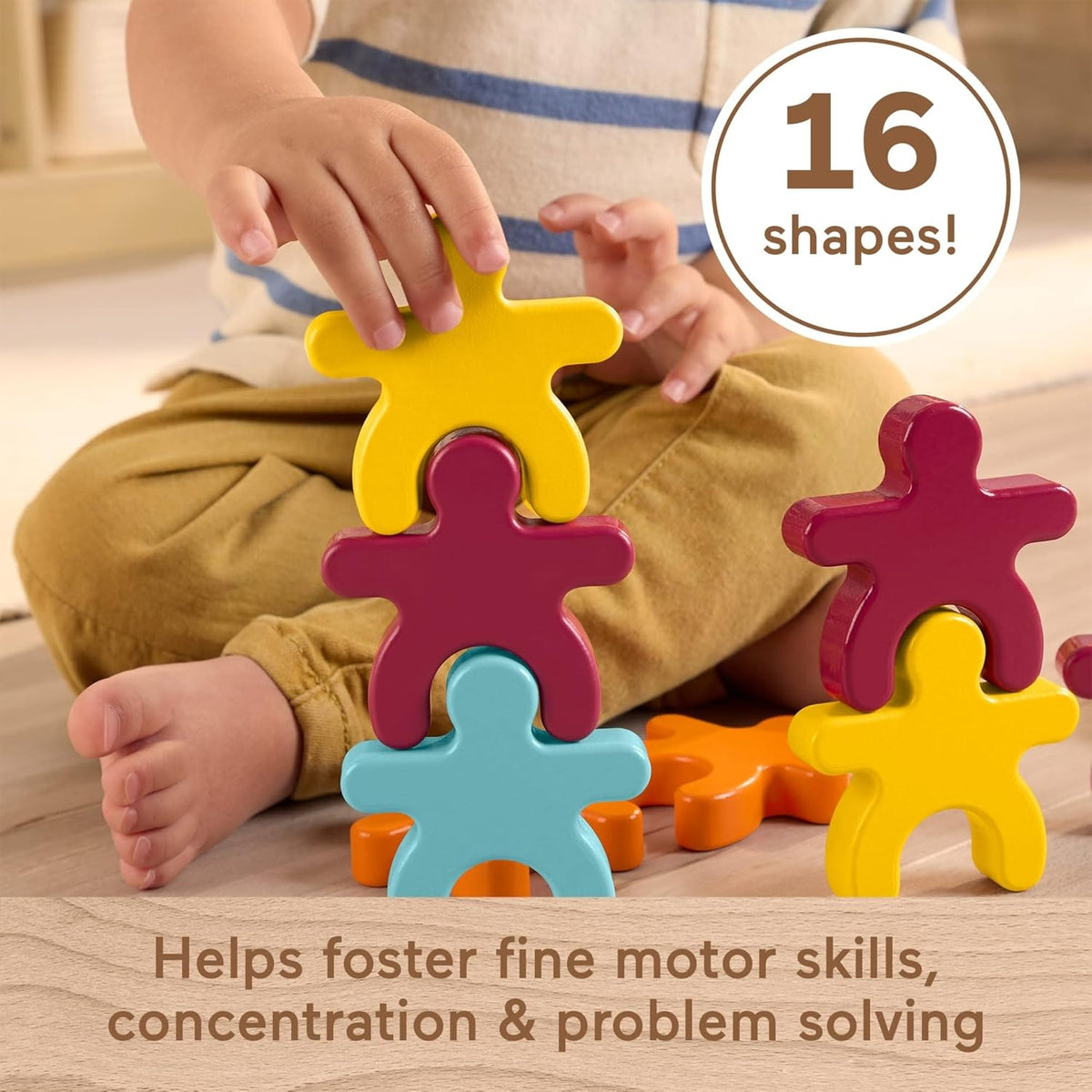 Fisher-Price Wood Montessori Toy Stacking Shapes, American Montessori Society Seal of Excellence, 16-Piece Wooden Learning Activity & Expert Play Tips for Kids Ages 2+ Years