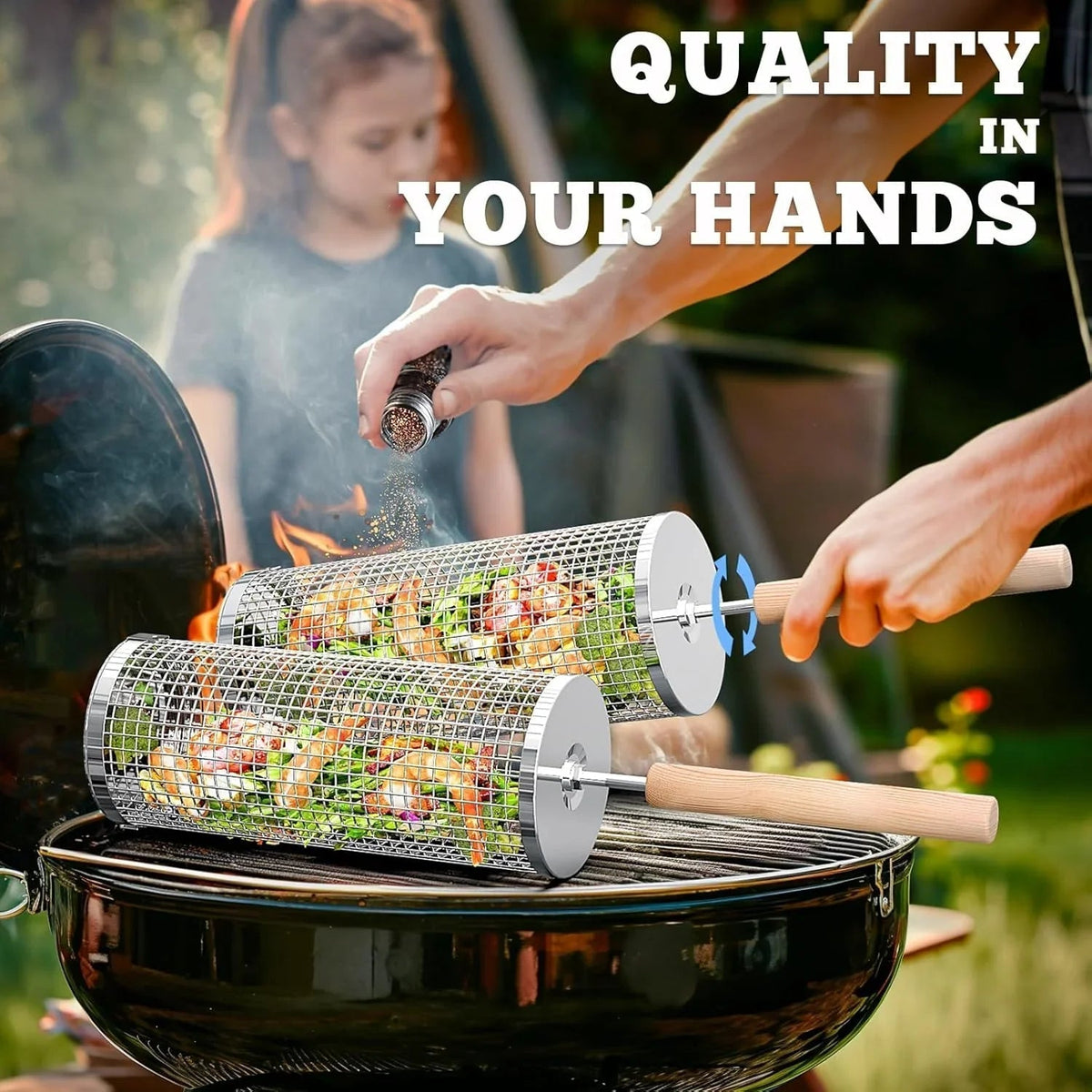 Nesting Grill Baskets (2PCS) with Removable Wooden Handle, Stainless Steel BBQ Tools - Cart Shape