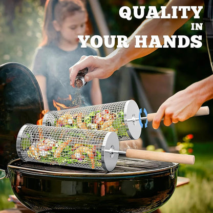 Nesting Grill Baskets (2PCS) with Removable Wooden Handle, Stainless Steel BBQ Tools - Cart Shape