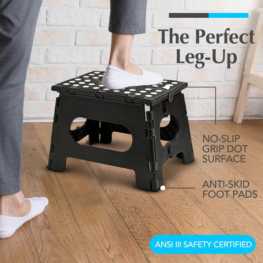 Handy Laundry Folding Step Stool - Sturdy Enough Collapsible Stool to Support Adults and Safe Enough for Kids - Opens Easy with One Flip - Great for Kitchen, Bathroom or Bedroom (Black - 9 Inch)