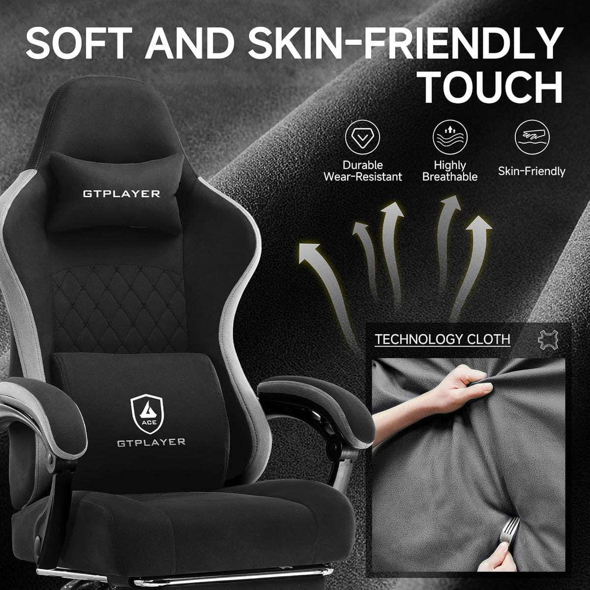 GTPLAYER Office Chair, Gaming Computer Desk Fabric Chair with Footrest, High Back Ergonomic Office Chair with Pocket Spring Lumbar Support and Linkage Armrests Adjustable Height Swivel for Home Task
