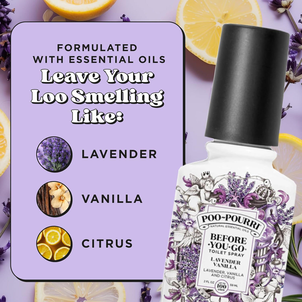 Poo-Pourri Before-You-Go Toilet Spray, Lavender Vanilla, 2 Fl Oz, Up to 100 Uses, Bathroom Odor Deodorizer with Essential Oils for Home or Work, Travel Essentials, TSA Approved Size